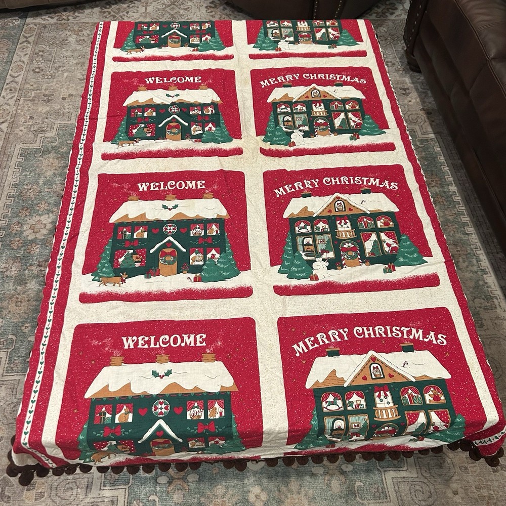 Vtg Christmas Table Cover Block Panel Fabric Craft Decor Brown Pompoms – A