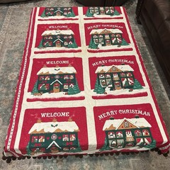 Vtg Christmas Table Cover Block Panel Fabric Craft Decor Brown Pompoms – A