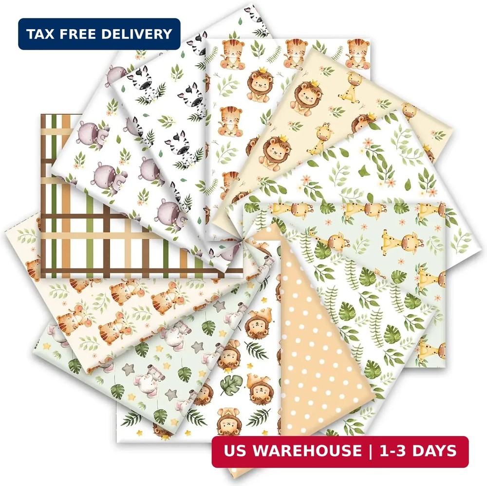 Whaline 12 Pcs Safari Cotton Fabric Bundles Watercolor Safari Animals Printed Fa