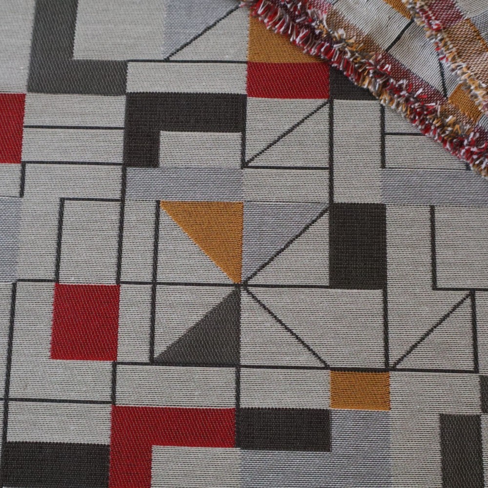 Vtg MCM Arc/Com Upholstery Fabric “Apex” Pepper Red, Orange, Gray Geometric 4 yd