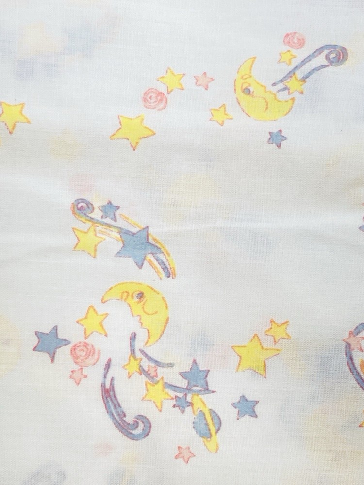 Moon Stars Planet Pink Blue Yellow Pastels on White 3Y x 45″W VTG Cotton Fabric