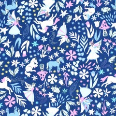 Fantasy Fabric | Fairy Horse Flowers Pink Blue Allover | Dear Stella Yard