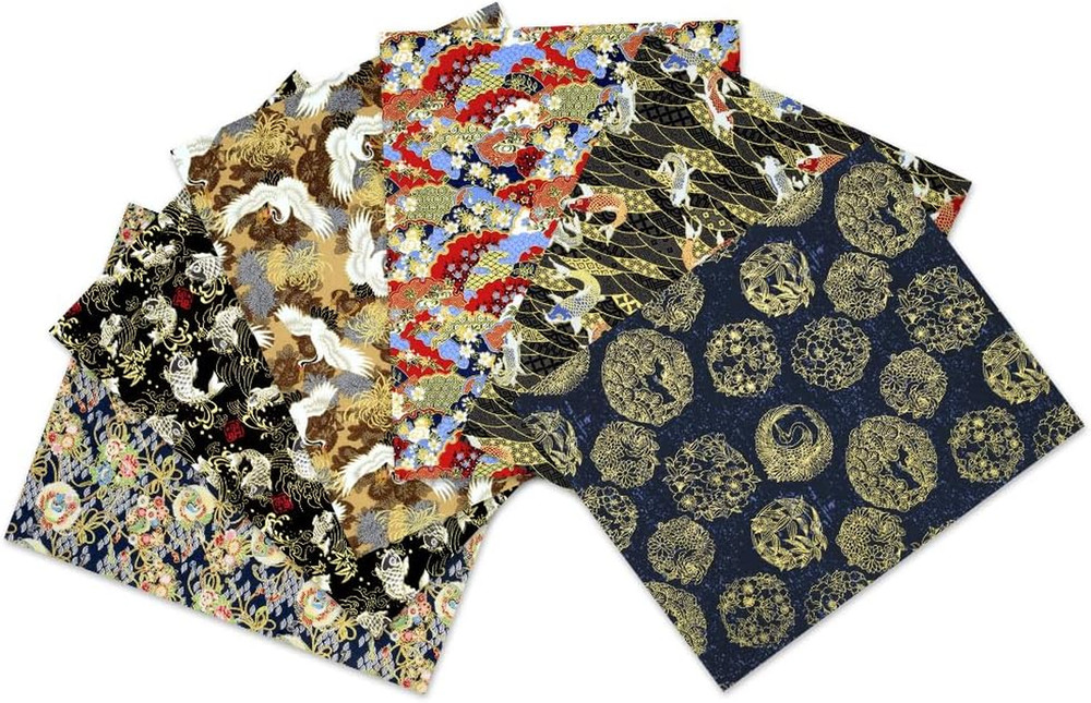 Japanese Fabric Squares 6 Pcs, 6 Different Black Wrapping Cloth Fish Floral Red