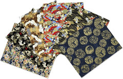 Japanese Fabric Squares 6 Pcs, 6 Different Black Wrapping Cloth Fish Floral Red