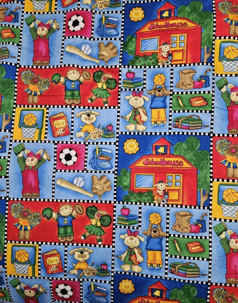 HTF School Days Cheri Strole My Stitch Cotton Fabric Schoolhouse/Animals 4 Yards