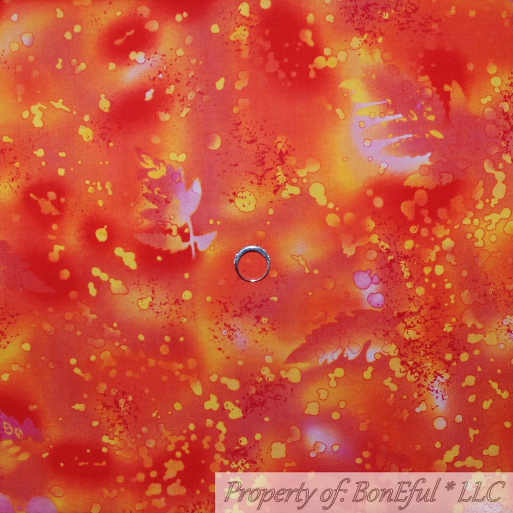 BonEful Fabric FQ Cotton Quilt Orange Yellow Gold Red Fire Tonal Leaf Blender UK