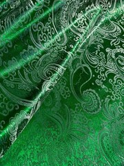 Emerald Green & Silver Paisley – Faux Silk Brocade Jacquard Fabric
