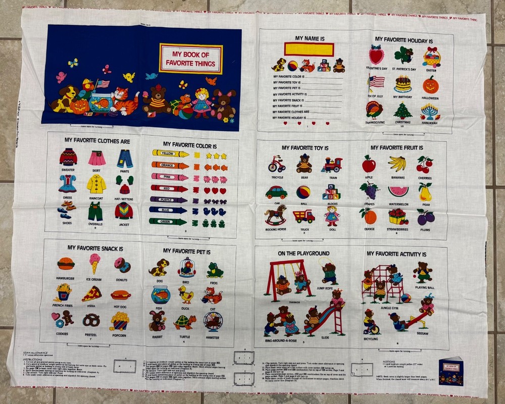 My Favorite Things Fabric Book PANEL Cranston Print Works 100% Cotton