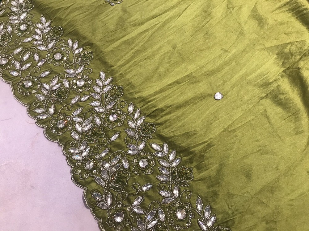 Green Silver Border Rhinestone Embroidery Taffeta Fabric 50” Width 1 Yd