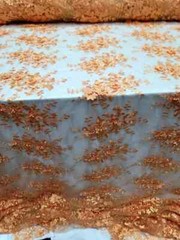 Orange 3D Flowers Beaded Lace Embroidered Mesh Fabric – Sold by the Yard