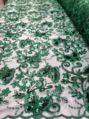 ´´Emerald Green Lace Fabric with Butterflies, Sequins, and Mesh for Dresses and