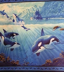 Ocean Killer Whales Cotton Fabric LARGE Panel Mammal Blue Sea Scene 44×35″