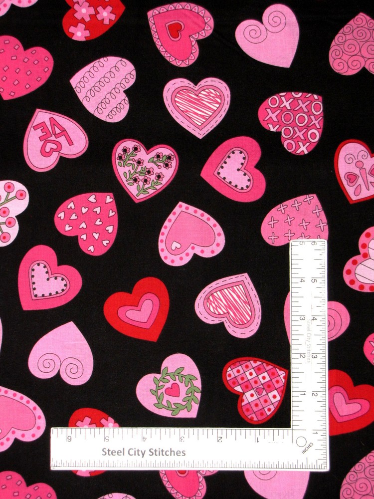 Heart Fabric Love Hearts Toss Valentines Day Black Cotton by Andover By The Yard