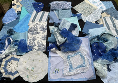Fabric Scrap Bundle Blue Junk Journal Slow Stitch Lace Embroidery Sewing Vintage