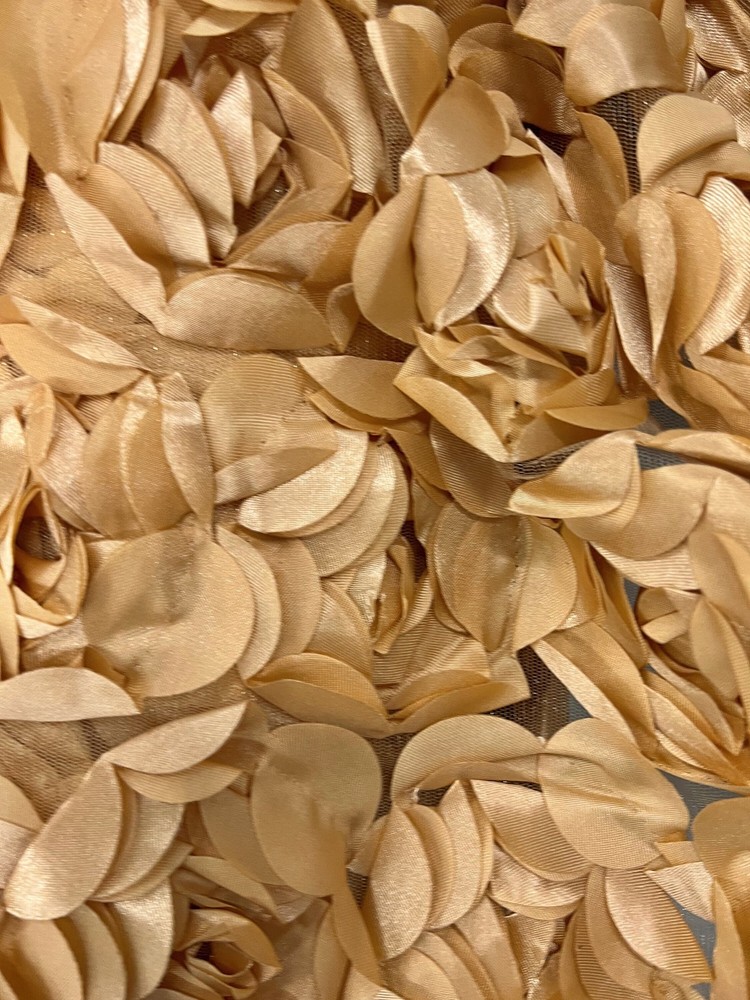 Maci GOLD 3D Floral Polyester Satin Rosette on Mesh Fabric by the Yard – 10057