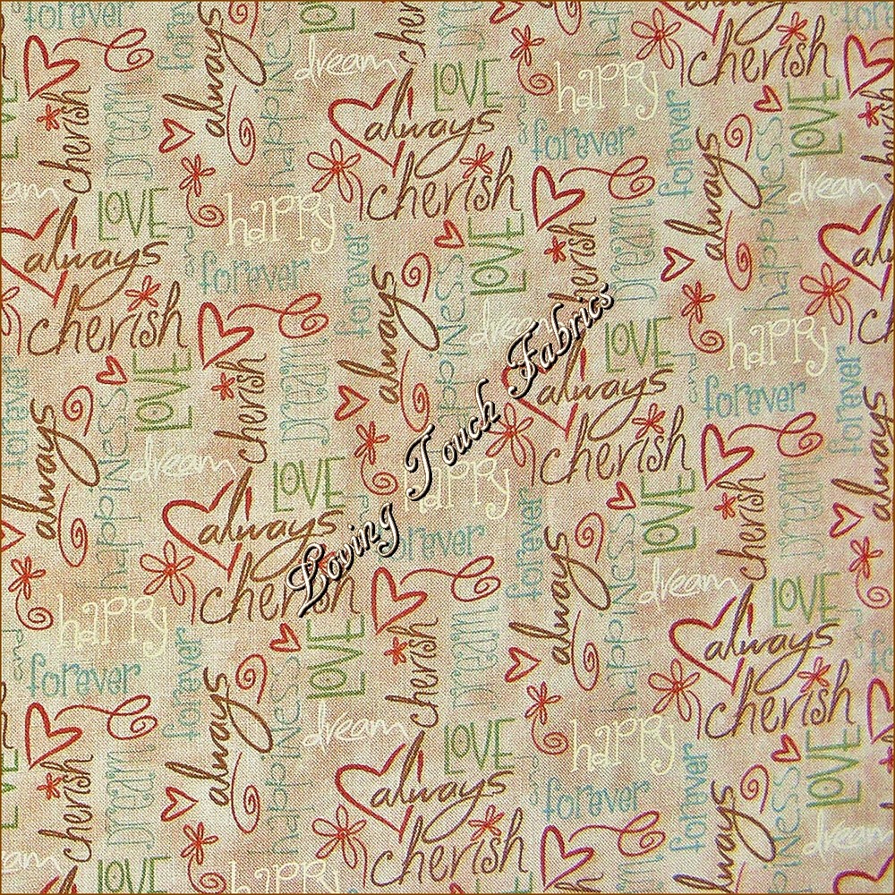 RED ROOSTER “HEARTSTRINGS” 22284-DKBEI1 WHIMSICALS LOVE WORDS FABRIC PER 1/2 YD