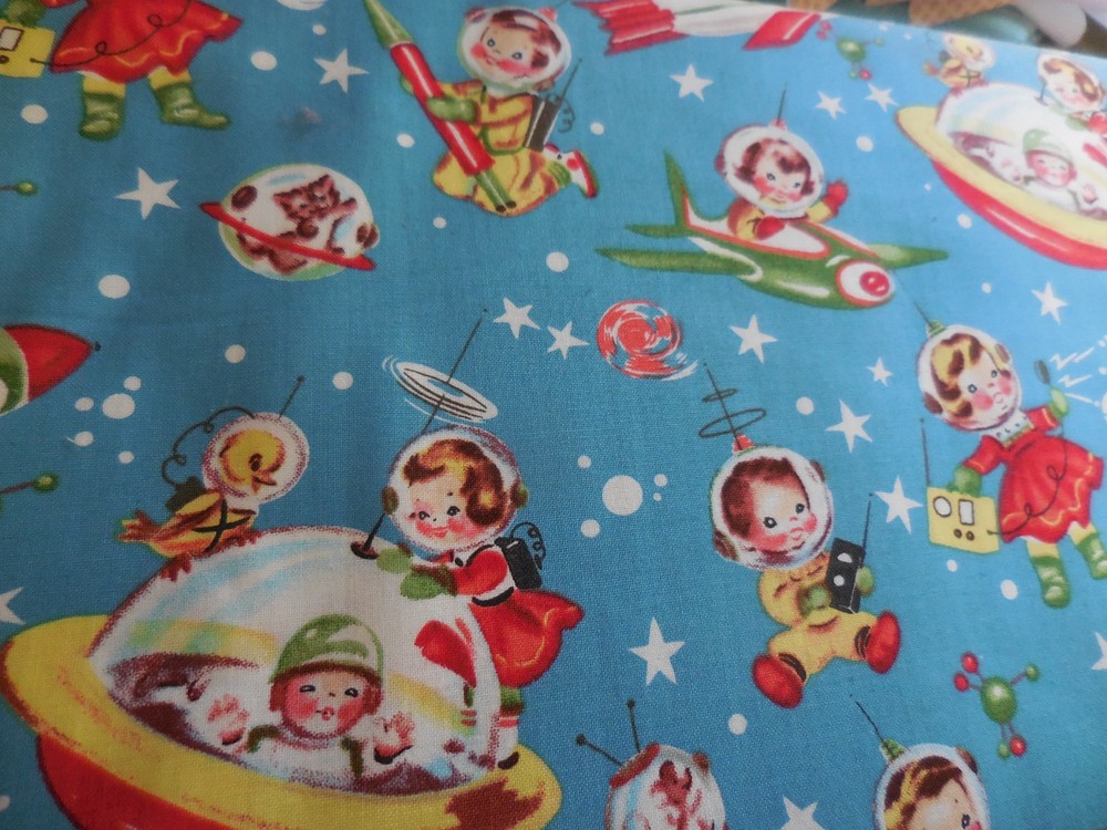 Michael Miller Rocket Rascals Cotton Quilting Fabric Blue Retro Space2 YARDS