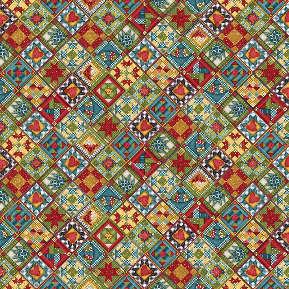 Country Rustic Fabric | Hat on Cat Quilt Square Print Multi | Henry Glass YARD