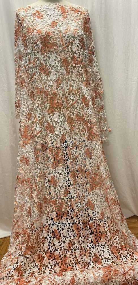 Hand Brushed Orange Paint Guipure Venice Lace Fabric 4.25 Yards Long 50″ Wide