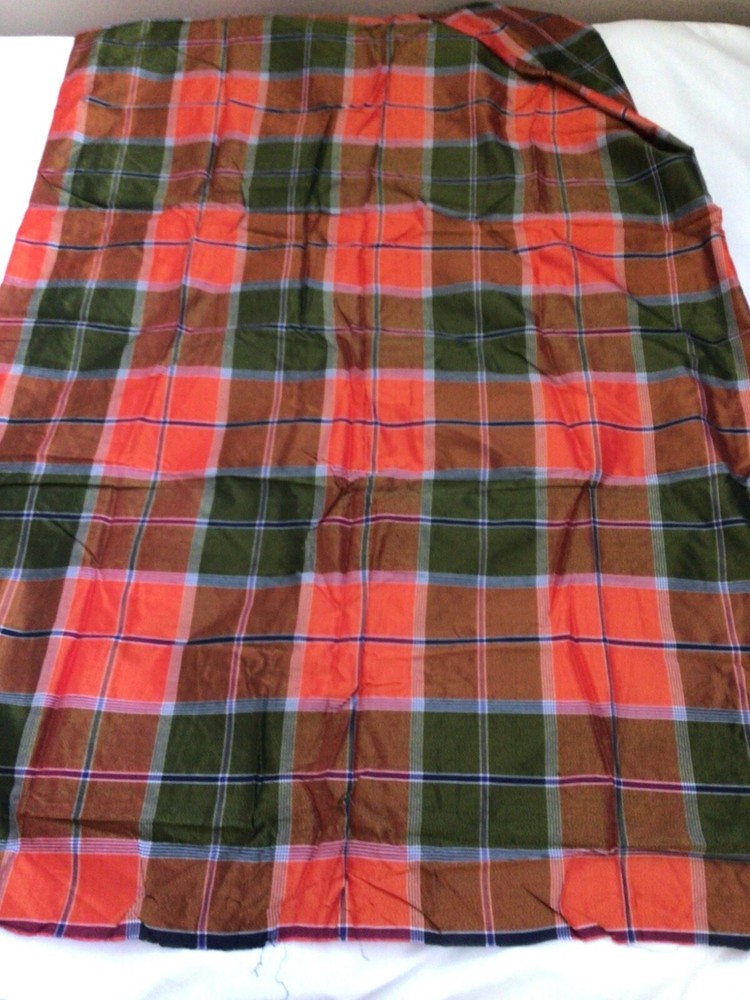 Vintage Thai Silk Plaid Fabric Orange, Green, Navy Lrg Scale 1.9 yrd x 43″ wide