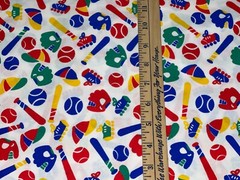 2/3 Yd Vintage Kids Sports Equipment Baseball Balls Bats Gloves Cotton Fabric