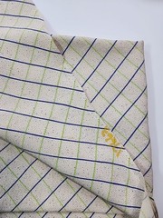 Stamped Beige Windowpane Blue Green Plaid Crepe Flowy Fabric 38.5″w X 60″ 1.6yd