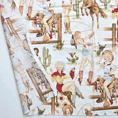 Alexander Henry Back In The Saddle 2008 Pinup Cowgirls White Fabric 2.6YD WASHED