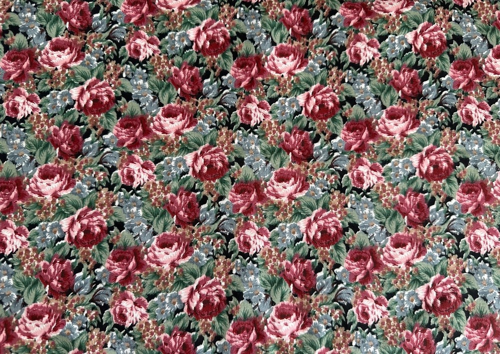 Vintage COTTON chintz fabric 2.3 yards, roses, P.S. Designs, pink, mauve, green