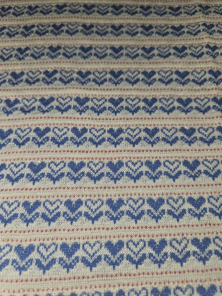 Vintage 70s Blue Hearts Knit Tube 3 Yds Fair Isle Heart Double Knit 61″ Around