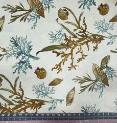 B123 3 1/2 Yards WAVERLY Coral Shell Spa HOME DECOR Cotton 45 Tan Teal Brown
