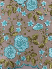 Iris TURQUOISE Floral and Leaves Embroidery on Mesh Lace Fabric by the Yard – 1