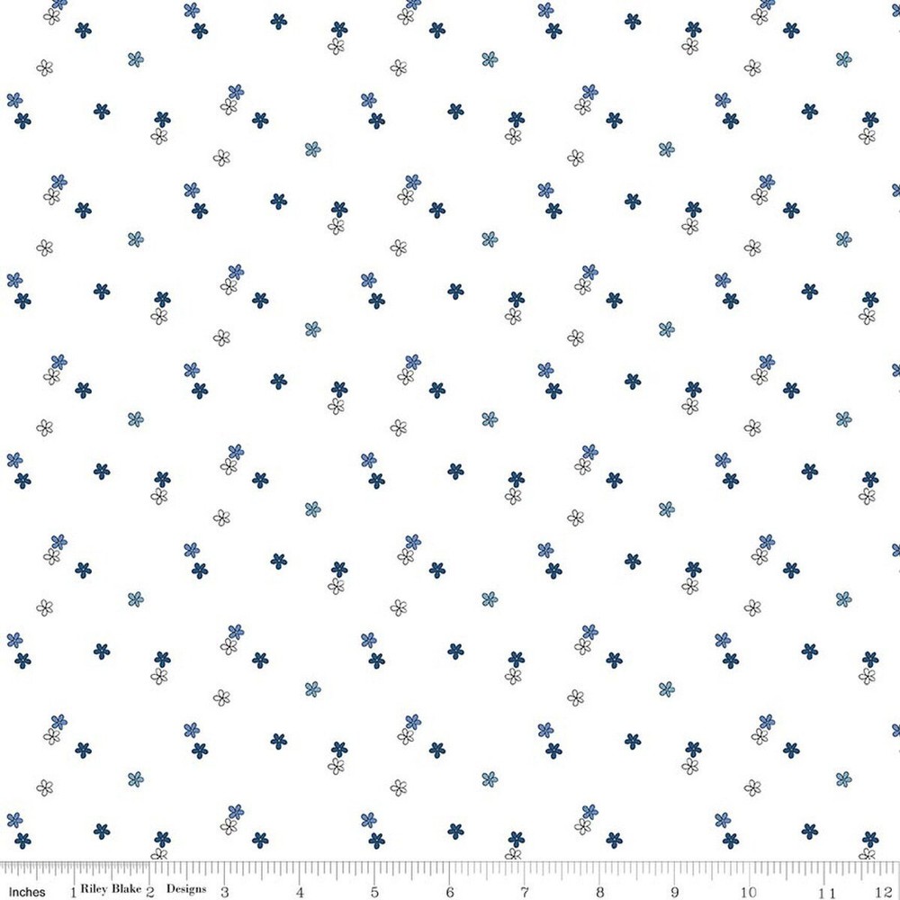 1/4 Yard 9×42 Riley Blake “Blue Blooms and Threads” Ditzy White Quilt Cotton