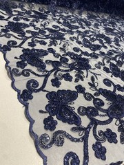 Navy Butterfly Sequin Lace Fabric – 3D Embroidered Floral Mesh Couture Beaded