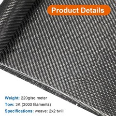 10ft x 12 Inch 3K 220g Black Carbon Fiber Fabric Roll 2×2 Twill Weave 1 PCS