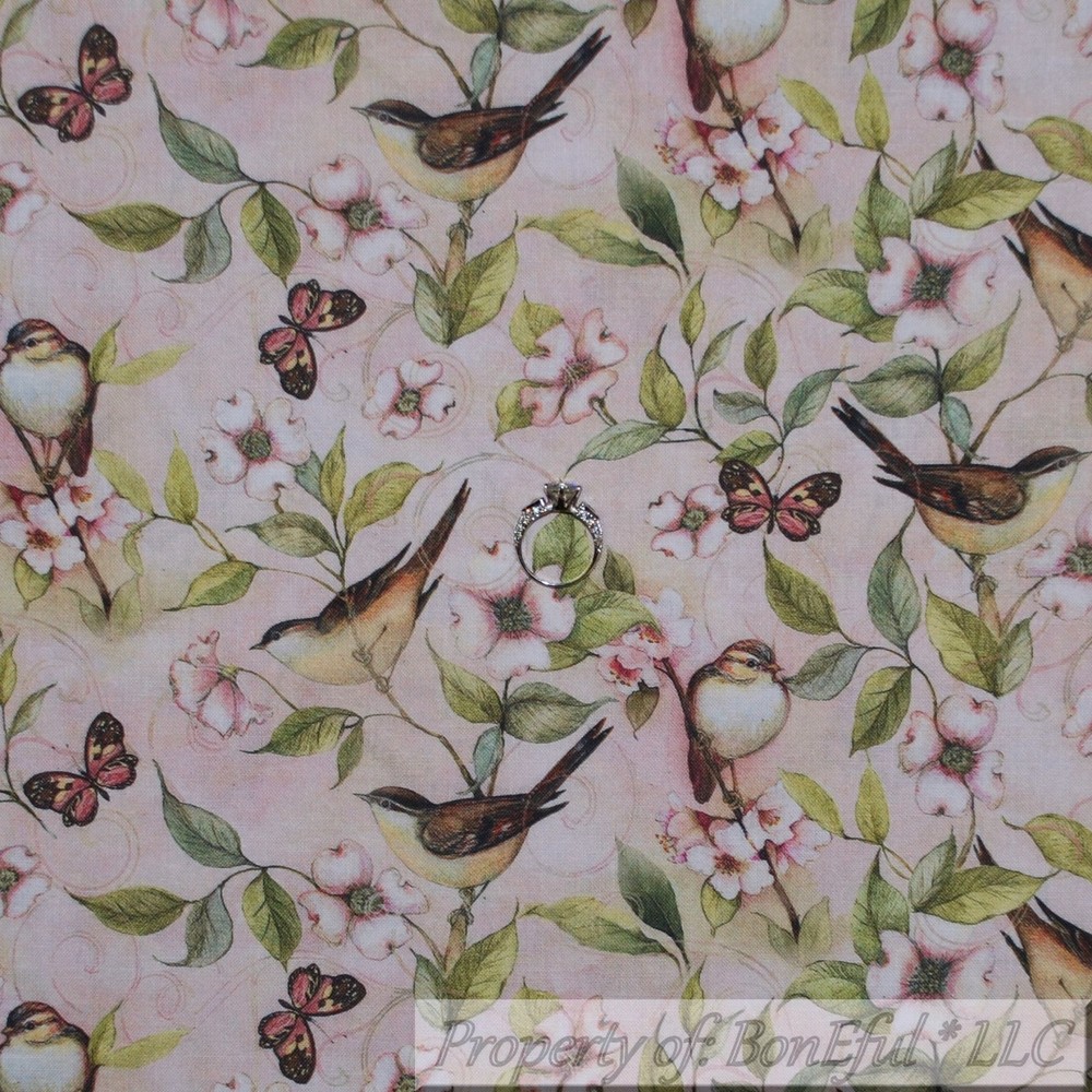BonEful FABRIC FQ Cotton Quilt Pink Cherry Tree Farm House Bird Flower Butterfly