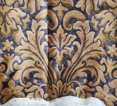 HOME SIGNATURE Vintage NOS- 5 Yds x 96″ Wide – Gold & Blue/Gray Damask Fabric
