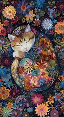 Calico Cat Flowers Floral Fabric 24″ X44″ Panel CD4112 Cotton Timeless Treasures