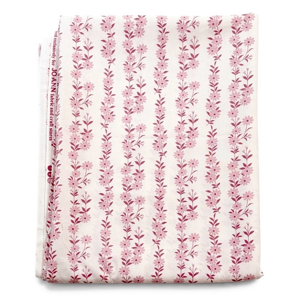 Vintage Joann Fabric 3 Yards Red Pink Daisy Floral Stripe Calico Cotton 43 Wide