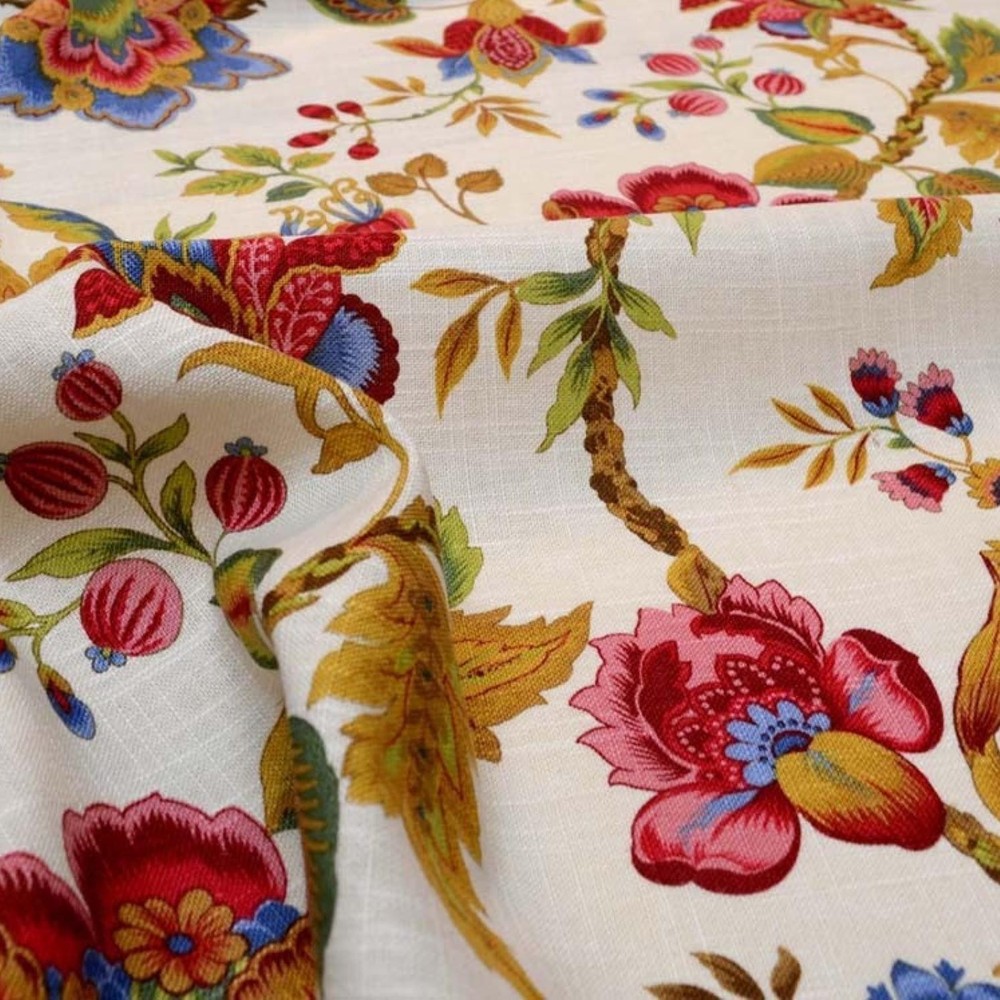 1.625 Yards Edgar Floral DOCUMENT Red Linen Drapery Curtain Pillow Fabric BTY