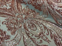 Alaina COPPER Curlicue Sequins on Mesh Lace Fabric by the Yard – 10018