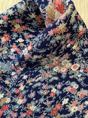 Vintage Japanese kimono silk fabric Chirimen/ navy blue, fans OT14