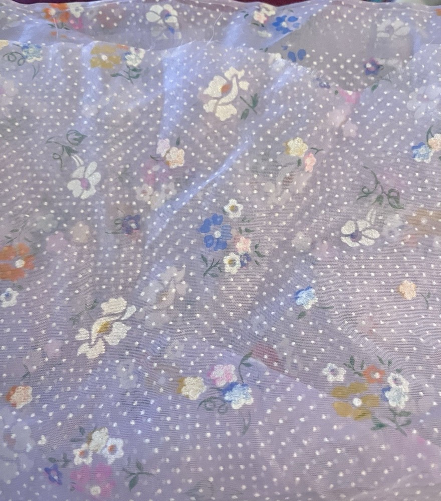 VTG Lavender Nylon Fuzzy Flocked Dotted Swiss & Florals 26″x9″ + Remnant