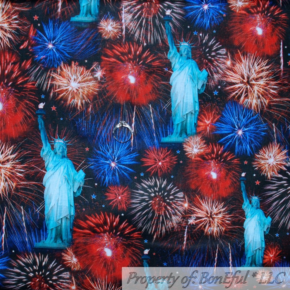 BonEful Fabric FQ Cotton Quilt Black Red White Blue Statue of Liberty Fireworks