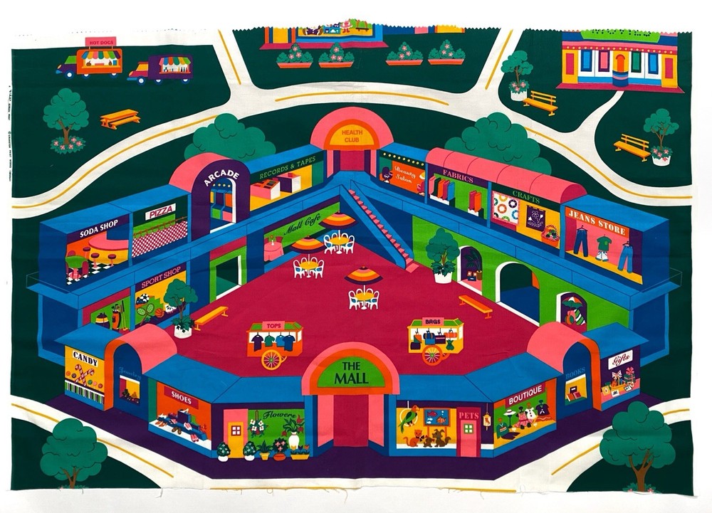 Vintage Shopping Mall Stores Kids Playmat Cranston Cotton Fabric Panel 44×29
