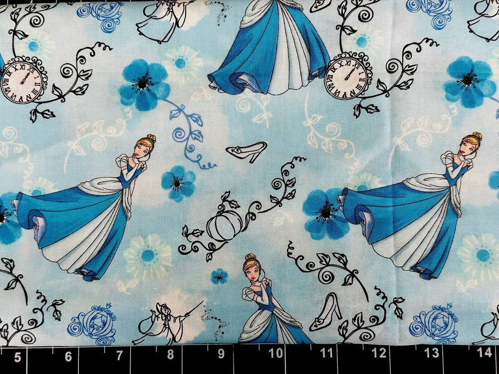 Tina SCRAP 9″x14″ Princess Cinderella Clock Slipper Carriage Blue Cotton Fabric