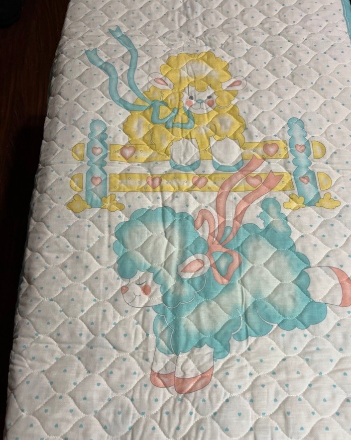 Vintage Baby Quilt panel Jumping Lambs Pastels Hearts Yellow Blue Pink Quilted