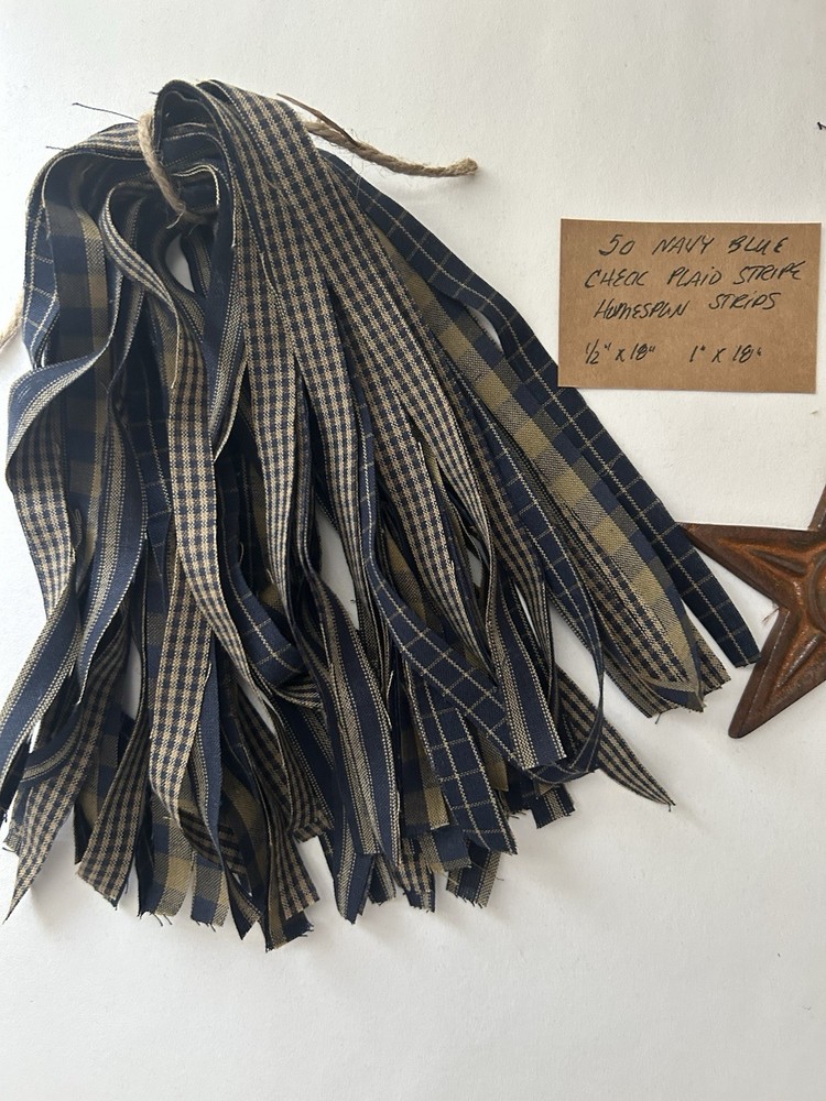 50 NAVY BLUE Check Plaid Stripe Homespun strips 1/2″x18″ or 1″x18″ YOU CHOOSE