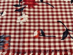 4+ yds Flowers Painted on Red Gingham Fabric Vtg 1996 Tandler Textiles 54″ wide