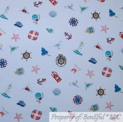 BonEful FABRIC FQ Cotton Quilt Sea Shell Ocean Nautical Anchor Bird Light House