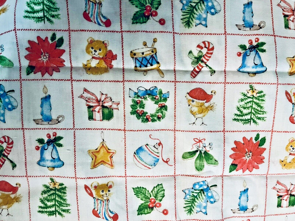 VTG Spring Mills Christmas Baby Animals in Red Blocks Cheater Quilt BTHY